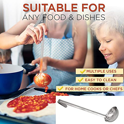 Fit Meal Prep [2 Pack] Stainless Steel Soup Ladle - One-Piece Sauce Spatula with Hook Handles, Commercial Grade Serving Spoon, Kitchen Tool for Restaurant or Home Cooking, Mirror Finish, 14.25" Long - size: 6 oz