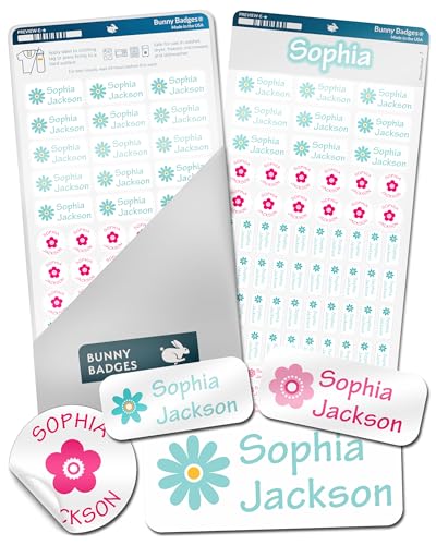 Bunny Badges Personalized Daycare Name Labels for Kids (130 Labels) - Custom Waterproof Name Stickers for Clothing Tags, Water Bottles, Lunch Boxes and School Supplies (Flowers) - color: Flowers