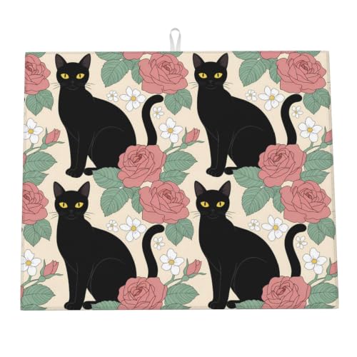Vintage Black Cats Pink Roses Flower Dish Drying Mats for Kitchen Counter, Super Absorbent Microfiber Drainer Pad, Washable Reversible Appliance Protector, Kitchen Must-Have, 16x18 Inch - color: Vintage Black Cats Pink Roses Flower