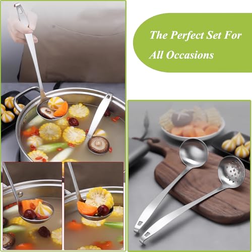 Stainless Steel Soup Ladle,Serving Ladle Scoop And Slotted Spoon Set Of 2 with Hook and Hole for Easy Hanging,Cooking Utensils Set for Kitchen - size: S With Hook