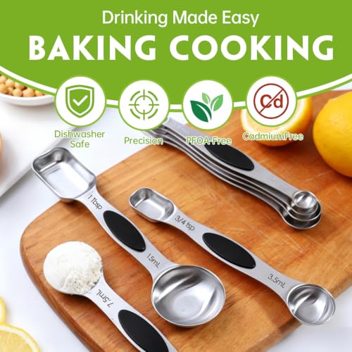 Measuring Spoons,Magnetic Measuring Spoons Set,304 Stainless Steel 8 Double Side Measuring Spoons Set and 1 Leveler with Strong N45 Magnetss,Heavy Duty Metal Kitchen Gadgets for Baking & Cooking - color: Black Magnetic Measuring Spoons Set - D
