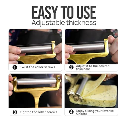 Zulay Kitchen Cheese Slicer With Adjustable Thickness – Heavy Duty Block Slicer with 2 Extra Wires – Ideal for Mozzarella, Cheddar, Gouda - Gold - color: Gold