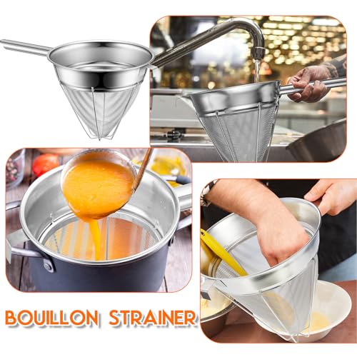 SiliFine 10 Inch Stainless Steel Reinforced Bouillon Sieve Strainer Cone Fine Mesh Strainer with Handle and Rubber Pestle for Kitchen Food Cooking - size: 10 Inch
