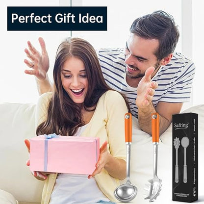Safring Stainless Steel Soup Ladle and Spaghetti Spoon Set, Heat Resistant Rubber Handle, Dishwasher Safe, Kitchen Utensils for Cooking, Stirring, Serving Pasta, Soup & Sauce (Orange) - color: Orange