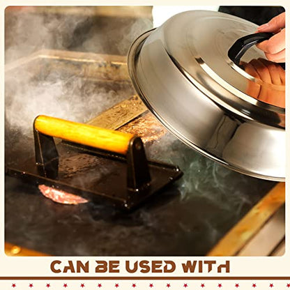 Tessco Griddle Accessories 3 Pcs 12.6 Inch Griddle Dome Cheese Melting Round Basting Cover 3 Pcs 8.2 Inch Smash Burger Press Cast Iron Meat Press and Screwdriver for Flat Top Grill BBQ