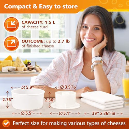2 PCS Cheese Mold 1,6QT - Follower - Cheesecloth 100% Cotton for Semi-Hard and Hard Cheeses- Homemade Cheese Making Supplies - Molde Para Queso Fresco Casero