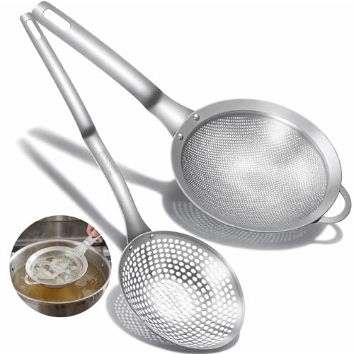 Kifmurase 2PCS Spider Strainer Skimmer Spoon Set Fine Mesh Stainless Steel Sieve Skimmer Ladle Colander with Handle, Large Hole Slotted Colander Frying Spoons for Kitchen Cooking Filter Food Residues