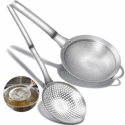 Kifmurase 2PCS Spider Strainer Skimmer Spoon Set Fine Mesh Stainless Steel Sieve Skimmer Ladle Colander with Handle, Large Hole Slotted Colander Frying Spoons for Kitchen Cooking Filter Food Residues