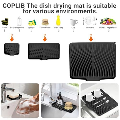 Silicone Dish Drying Mat for Kitchen Countertop, 15.8"x13" Extra Large Non-Slip Drain Pad with Built-in Drainage, Heat Resistant Dishwasher Safe, Black