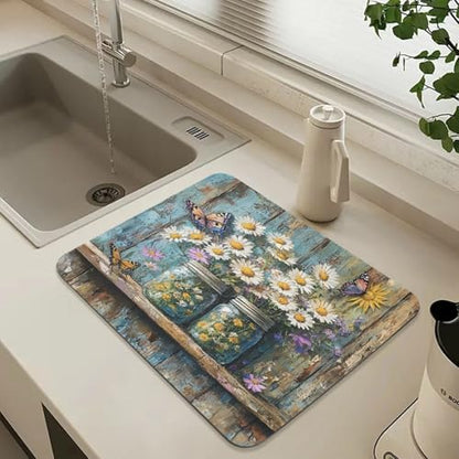 Butterfly Jars Dish Drying Mat for Kitchen Counter Highly Absorbent Coffee Mat Heat Resistant Dish Rack Pad for Pans Pots Utensils Sink Rack 23.6" x 19.7" - size: 23.6x19.7inch