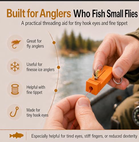 Fly Fishing accessories- Magnetic Fly Threader Bright Orange, 4-Slot Precision Threading Tool for Fly and Ice Fishing, Lightweight Plastic Hook Threader with Keychain for Wading Low Light Cold Hands | Magnetic Fly Threader for Tiny Hook Eyes, Cold Hands,