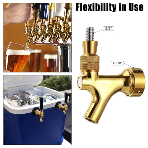 Golden Beer Faucet Keg Tap Faucet, All 304 Stainless Steel Draft Beer Tap Kegerator Tap with 4 Holes Cap, Beer Dispenser Kegerator Parts for American Beer Shank and Beer Tap Tower