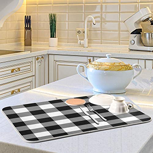 White and Black Buffalo Plaid Dish Drying Mat 16x18 for Kitchen Classic Buffalo Check Dishes Pad Dish Drainer Rack Mats Absorbent Fast Dry Kitchen Accessories - size: 16x18(in)x1