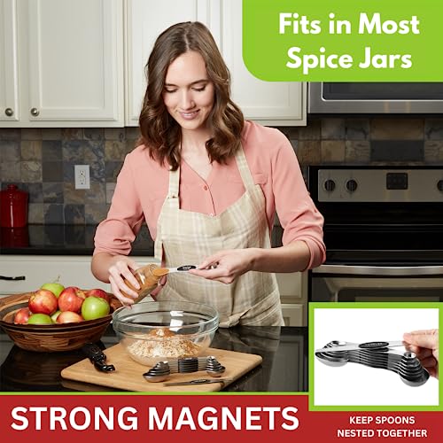 Spring Chef Stainless Steel Magnetic Measuring Spoons Set with Strong N45 Magnets, Heavy Duty Metal Kitchen Gadgets for Baking & Cooking, Fits in Most Kitchen Spice Jars, Set of 8 with Leveler, Black - color: Black, size: 1-Pack