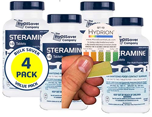 Pack of 4 (600 Tab) Steramine Sanitizing Tablets w/ 30x QT-10 Test Strips by FryOilSaver Co., Steramine Multi Purpose Contact Solution Sanitizer Tablets for Gym, Hotel, Bar, Restaurants & Food Service - size: 150 Count (Pack of 4)