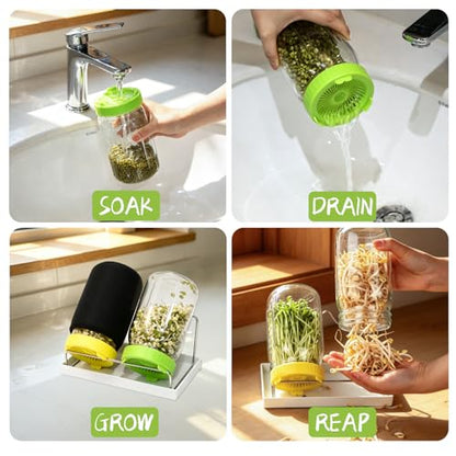 Seed Sprouting Kit - 2×32 Oz Wide-Mouth Mason Jars with Sprouter Lids, Stand, Sprout Tray & Light Shield, for Broccoli, Alfalfa, Mung Beans & Microgreens (Yellow + Green) - color: Yellow + Green