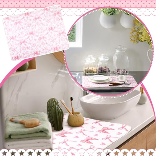 SiliFine 2 Pcs Large Coquette Pink Bow Dish Drying Mat Large for Kitchen, 18 X 24 Inch Bow Absorbent Microfiber Coffee Bar Pad for Women Counter Kitchen Home Accessories Party Gifts - style: Pink Bow