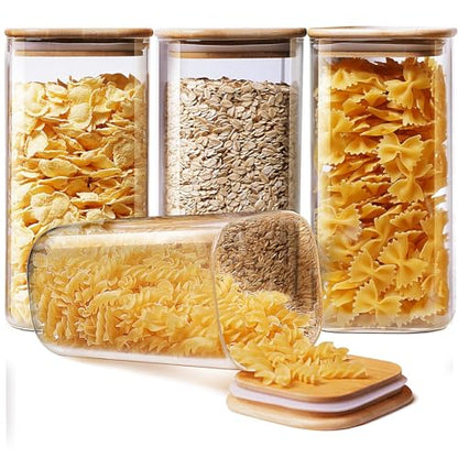HomArtist Square Glass Jars with Bamboo Lids 53 FL OZ [Set of 4], Glass Canisters with Airtight Lid, Glass Food Storage Containers for Pasta, Cereal, Coffee, Flour, Sugar, Best for Kitchen & Pantry - color: Square 53OZ Set-4Pack