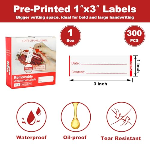NATURALABEL 300 PCS Removable Freezer Labels with Dispenser - 1" x 3" Food Labels for Meal Prep Containers, Easy Peel-Off Design, No Residue (Red) - color: Preprinted-red