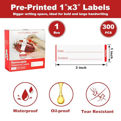 NATURALABEL 300 PCS Removable Freezer Labels with Dispenser - 1" x 3" Food Labels for Meal Prep Containers, Easy Peel-Off Design, No Residue (Red) - color: Preprinted-red
