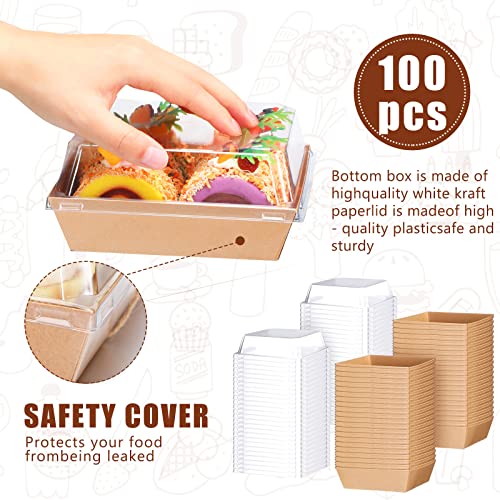 PerKoop 100 Pack 4 Inch and 5 Inch Paper Charcuterie Boxes with Clear Plastic Lid Bulk Disposable Food Containers Box with Brown Rope for Cake Slice Bakery Sandwich Desserts Pastry Fruit Snack Cheese