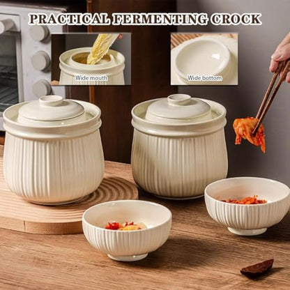Simple Vertical Striped Kimchi Jar, Water Seal Design Pickling Crock, Thickened Ceramic Fermentation Jar, Grain Storage Vessel