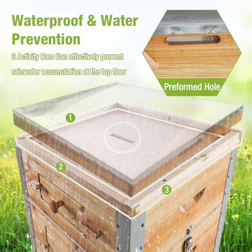 GUTINNEEN Bee Hive with Metal Frame, 10 Frame Bee Hives Boxes Dipped in 100% Beeswax,Bee Keeping Supplies-All Starter Kit Includes Wooden Frames & Waxed Foundations