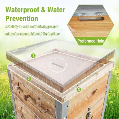 GUTINNEEN Bee Hive with Metal Frame, 10 Frame Bee Hives Boxes Dipped in 100% Beeswax,Bee Keeping Supplies-All Starter Kit Includes Wooden Frames & Waxed Foundations
