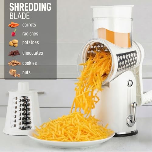 Zulay Kitchen Rotary Cheese Grater 5 Blade Cheese Shredder - Manual Hand Crank Cheese Grater With Reinforced Suction & 5 Interchangeable Drums - Easy to Use, Vegetable Chopper Round Mandoline Slicer - color: Classic | White