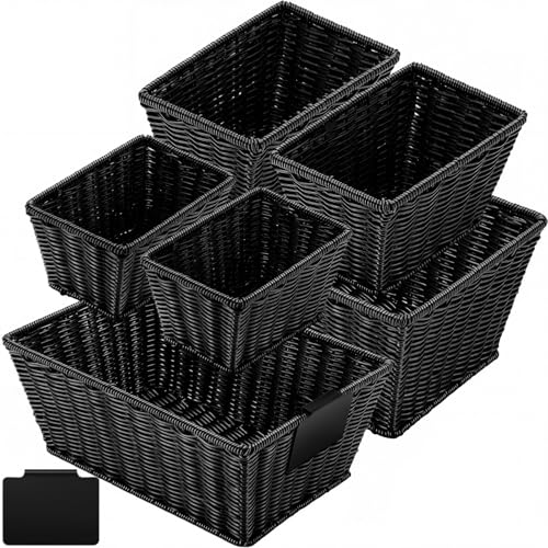 Marsui 6 Pcs Wicker Storage Baskets for Pantry Organization with Labels Handwoven Multi-size Black Wicker Storage Bins for Organizing Small Baskets Container for Shelves Closet Toilet - color: Black, style: Wicker