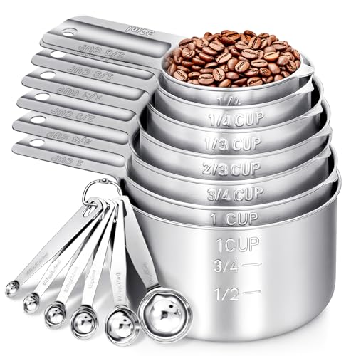 Measuring Cups and Spoons Set of 13, 7 Stainless Steel Nesting Cups and 6 Measuring Spoons, 2 Detachable Rings, Kitchen Gadgets for Baking Cooking, Dry and Liquid Ingredients