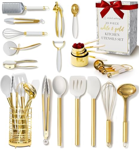 White and Gold Kitchen Utensils Set - 23-Piece Gold Kitchen Accessories Include Measuring Cups and Spoons Set, Silicone Utensils, and Utensil Holder for Baking, Cooking, and Stylish Kitchen Decor - color: 23 Piece Champagne Gold