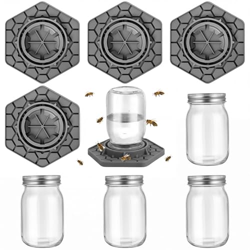 8 Pack Bee Feeder for Mason Jar Bee Watering Station Garden Silicone Sugar Water Feeder Beekeeping Drinking Equipment Tools with Mason Jars for Drinking Water(Grey,Hexagon) - color: Gray, style: Hexagon