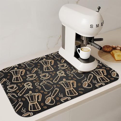 Black and Gold Coffee Tool Coffee Drying Mat 12" x 19", Absorbent Waterproof Coffee Station Mat, Protects Countertops from Spills Stains for Coffee Makers and Home Baristas - color: Black and Gold