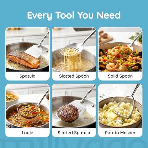 Millvado Stainless Steel Big Cooking Spoon, Kitchen Utensils and Gadgets, 15 Inch Large Spoon For for Cooking, Basting, Serving, Dishwasher Safe Metal Utensil, Durable, Solid Construction - color: Solid Spoon