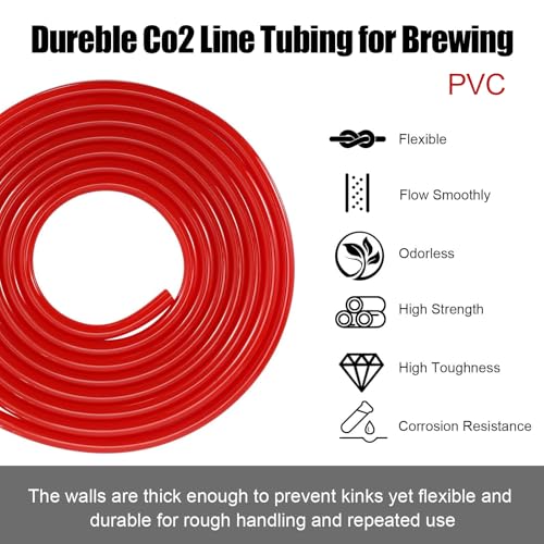 Beer CO2 Gas Line Kit - 10ft PVC CO2 Tubing Hose & 4PCS Stainless Steel Hose Clamp Solid Red Non-toxic Odorless Bendable Keg CO2 Line for 5/16’’ Barb Ball Lock, D Coupler Gas Dispense Brewing - size: 10ft-Red Gas Line