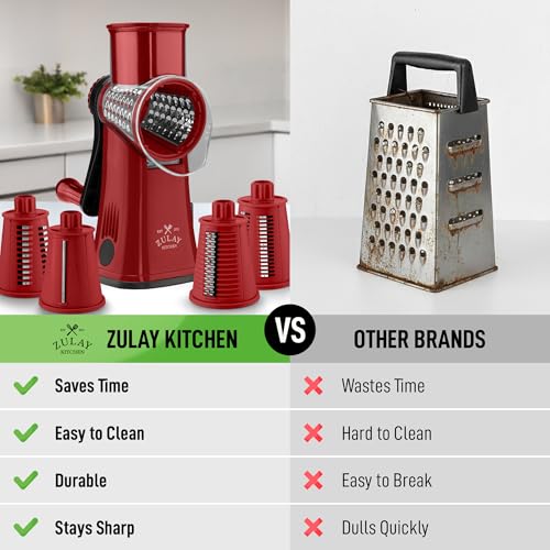 Zulay Kitchen Rotary Cheese Grater 5 Blade Cheese Shredder - Manual Hand Crank Cheese Grater With Reinforced Suction & 5 Interchangeable Drums - Easy to Use, Vegetable Chopper Round Mandoline Slicer - color: Maroon
