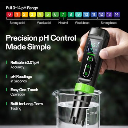 VIVOSUN Aerolab Digital pH Meter Kit ±0.01 High Accuracy, Waterproof pH Tester Pen with Replaceable Probe, LCD Display, Auto Temperature Compensation, Calibration Powder for Hydroponics, Gardening