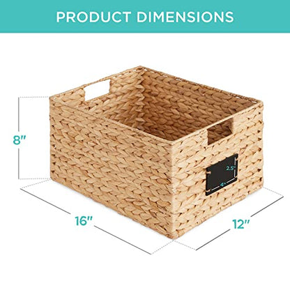 Best Choice Products 식료품 저장실 바구니 40.6 x 30.5cm(16 x 12인치) 워터 히아신스 보관 바구니 2개 세트, 손잡이가 달린 우븐 고리버들 주방 정리함, 칠판 라벨 분필 마커 포함 - 내추럴 - color: 천연, size: 12x16x8in
