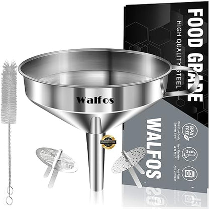 Stainless Steel Funnel, Walfos Kitchen Funnel with 2 Removable Strainer ＆ 1Pc Cleaning Brush, Perfect for Transferring of Liquid, Oils, Jam, Dry Ingredients & Powder (4.1") - color: 1pcs funnel 4.1 inch