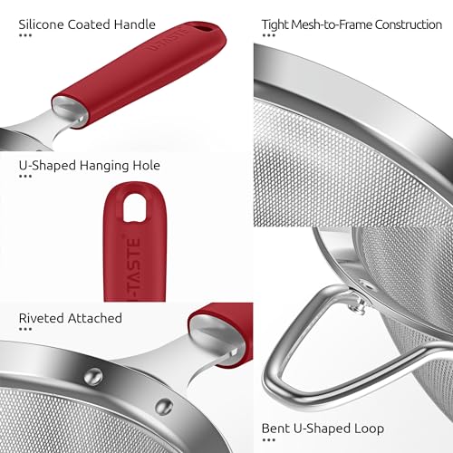 U-Taste Small Fine Mesh Strainer: 18/8 Stainless Steel 3.35in 30 Mesh Kitchen Food Sieve with Sturdy Riveted Silicone Handle, Heavy Duty Deep Handheld Metal Colander for Tea, Juice (Red) - color: (4) Red, size: S-3.35in