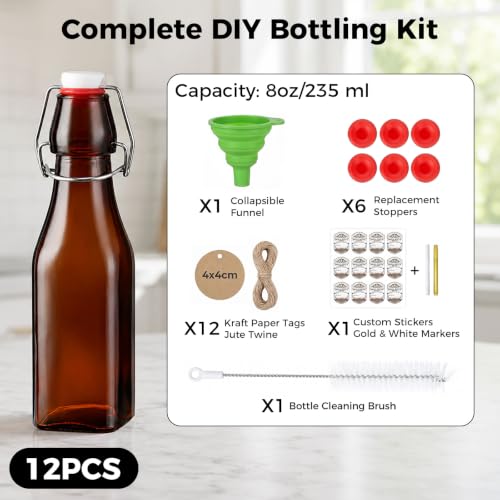 Ruckae Amber Square Swing Top Glass Bottles with Lids Kombucha Flip Top Glass Bottle for Coquito Syrup Vanilla Extract Brew Beer Kefir Air Tight Bottles for Gift (8oz 12pack) - size: 8oz 12pack
