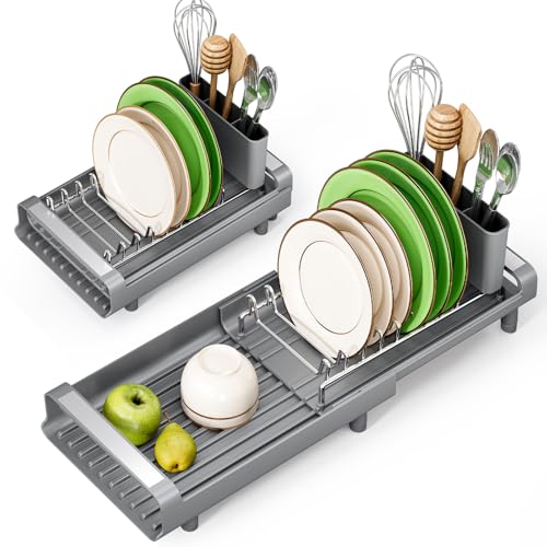 TOOLF Small Dish Drying Rack, Mini Expandable Compact Dish Rack, Slim Extendable Stainless Steel Dish Drainer for Kitchen Plate Storage, Space Saving Dish Strainer in Sink or on Home Countertop, Gray - color: Gray