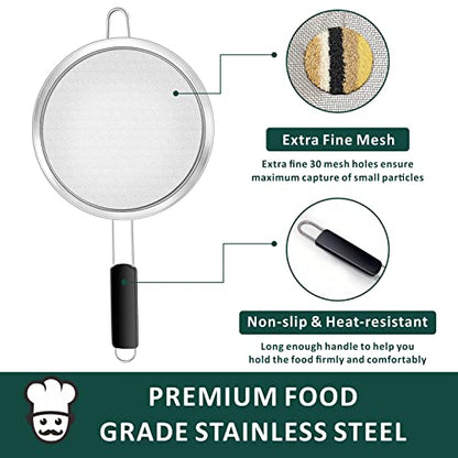 4 Pcs Set Fine Mesh Strainers Skimmers, Stainless Steel Kitchen Utensil | Sieve Strainer Wire Sifter Colanders with Anti-Scald Handle, Stainless Steel Strain Pasta Quinoa Rice, Ideal for Gift - size: 4-Piece Fine Mesh Strianer Set for Baking