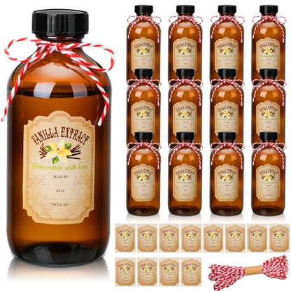 Uiifan 12 Pack Amber Glass Bottle Boston Round Bottles with Caps Refillable Vanilla Extract Jars Gift for Homemade Vanilla Extract Making, Brewing, Kombucha, Oil & Long-term Liquid Storage(8 oz) - size: 8 Ounces