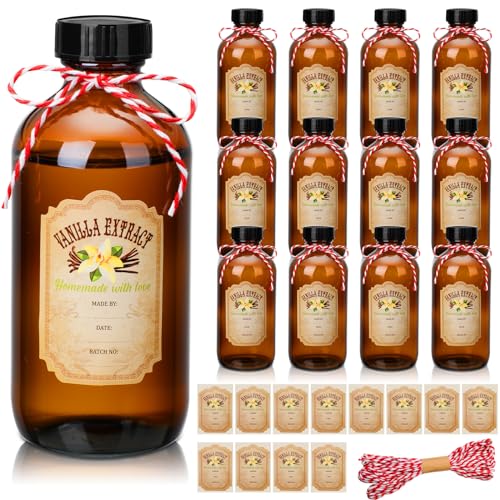 Uiifan 12 Pack Amber Glass Bottle Boston Round Bottles with Caps Refillable Vanilla Extract Jars Gift for Homemade Vanilla Extract Making, Brewing, Kombucha, Oil & Long-term Liquid Storage(8 oz) - size: 8 Ounces