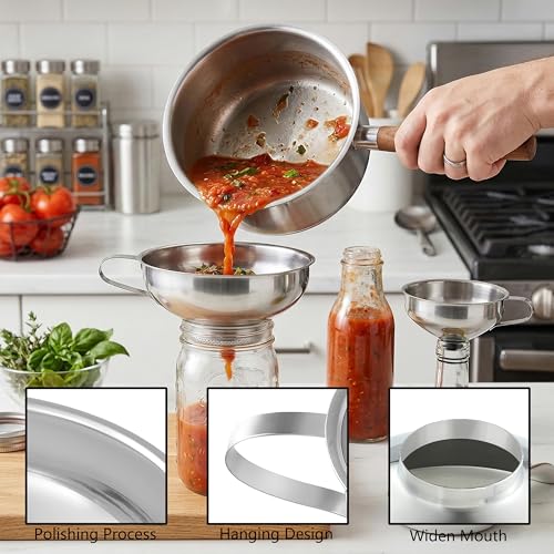 VRUIFA Canning Funnel with Strainer, Wide Mouth Funnel for Filling Mason Jars, Stainless Steel Canning Supplies for Kitchen Use, 3 Pack (Small and Large)
