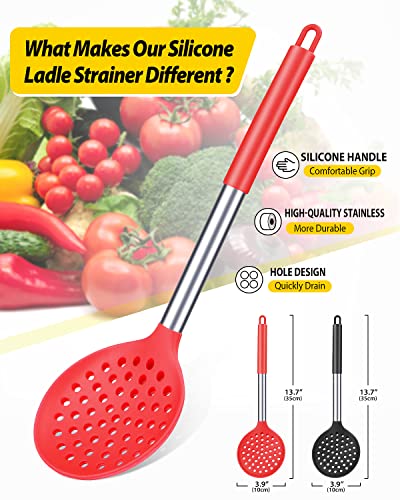 Silicone Kitchen Ladle Strainer, Black-Red, 2 Pack | Slotted Spoon, High Heat Resistant, BPA Free, Non Stick, Ideal for Draining and Frying - color: Black and Red