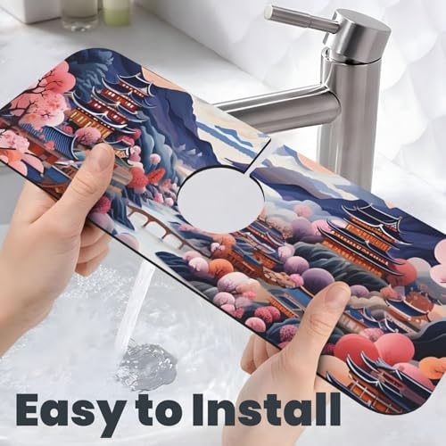 Kitchen Sink Faucet Mat Splash Guard, Chinese Style House Bridge Moon Super Absorbent Drying Mat, Non-Slip Drain Pad for Bathroom Counter - color: House Bridge Moon