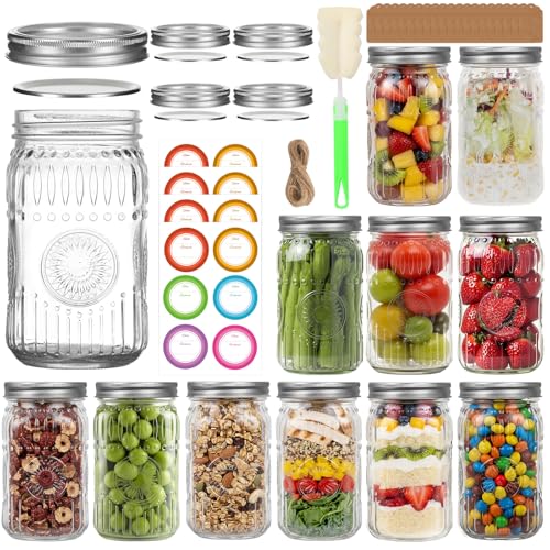 32oz Wide Mouth Mason Jars 12 Pack with Extra 4 Lids, Tags & Twine | Quart Glass Canning Jars with Airtight Lids for Overnight Oats, Pickling, Food Storage, DIY Crafts, Wedding Favors - color: Clear-32oz 12pcs